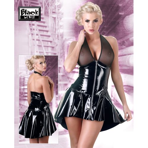 Lesklé černé minišaty s asymetrickou sukní a průhledným topem