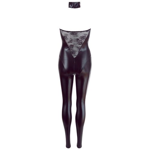 Lesklý černý catsuit s krajkou a zipem v rozkroku S-XL