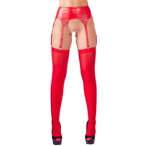Červený wetlook podvazkový pás s punčochami - NO:XQSE