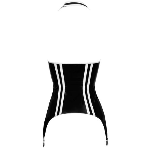 Lakovaný dámský top s bílými proužky, zipem a podvazky - Black Level